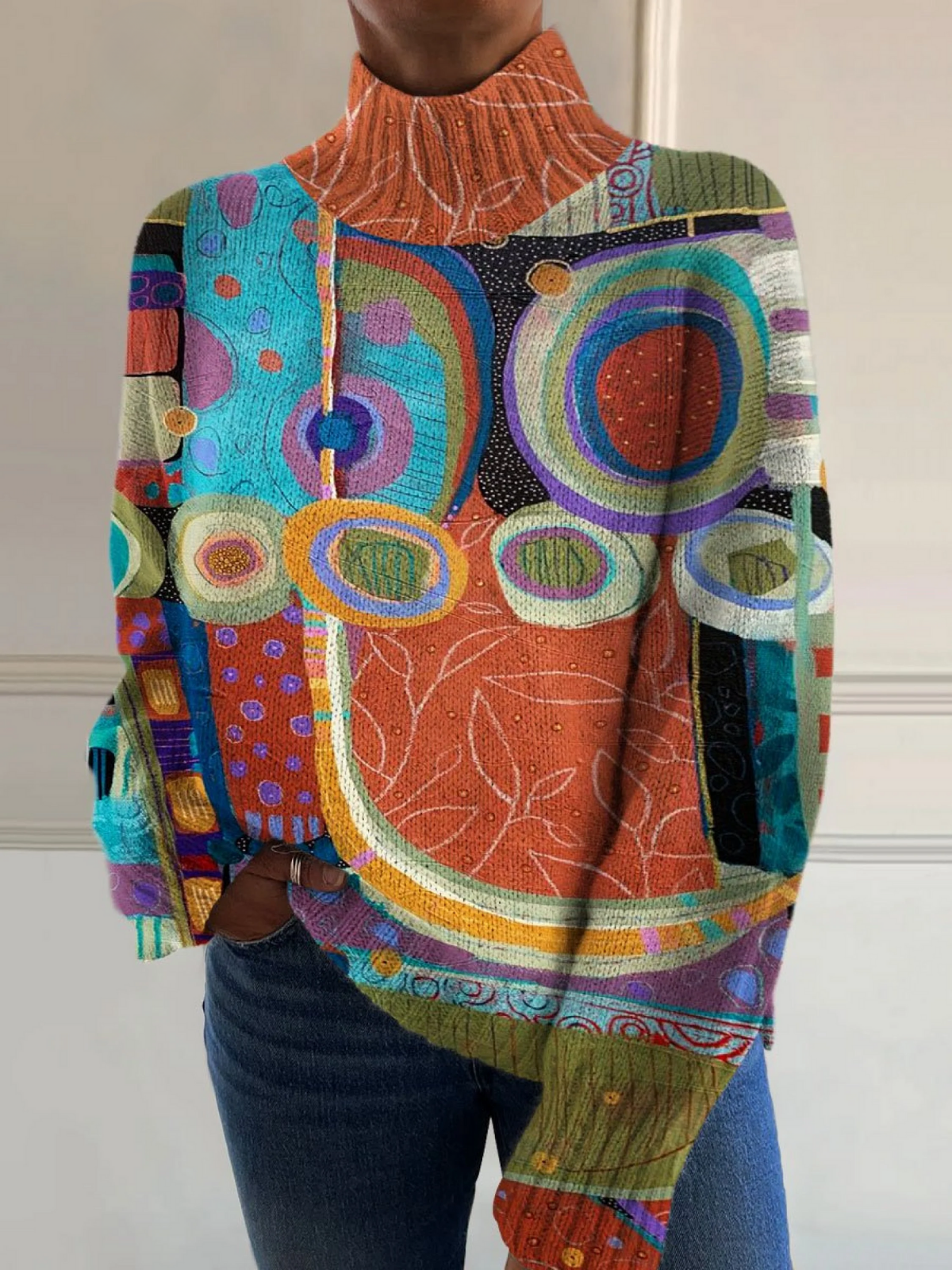 Bianca - Vintage Abstrakcyjny Tropikalny Botaniczny Druk Swetera z Golfem-15365233017157-Helena i Kasia Warszawa