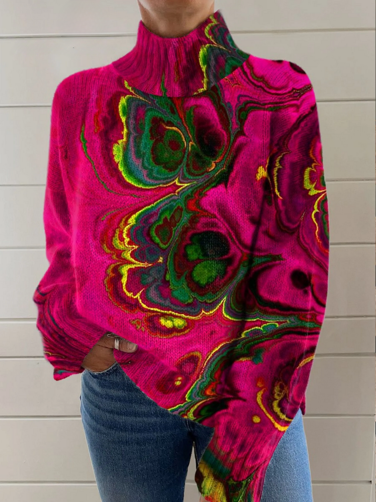 Cindy - Abstrakcyjny nadruk na sztuce, sweter z golfem-15365232984389-Helena i Kasia Warszawa