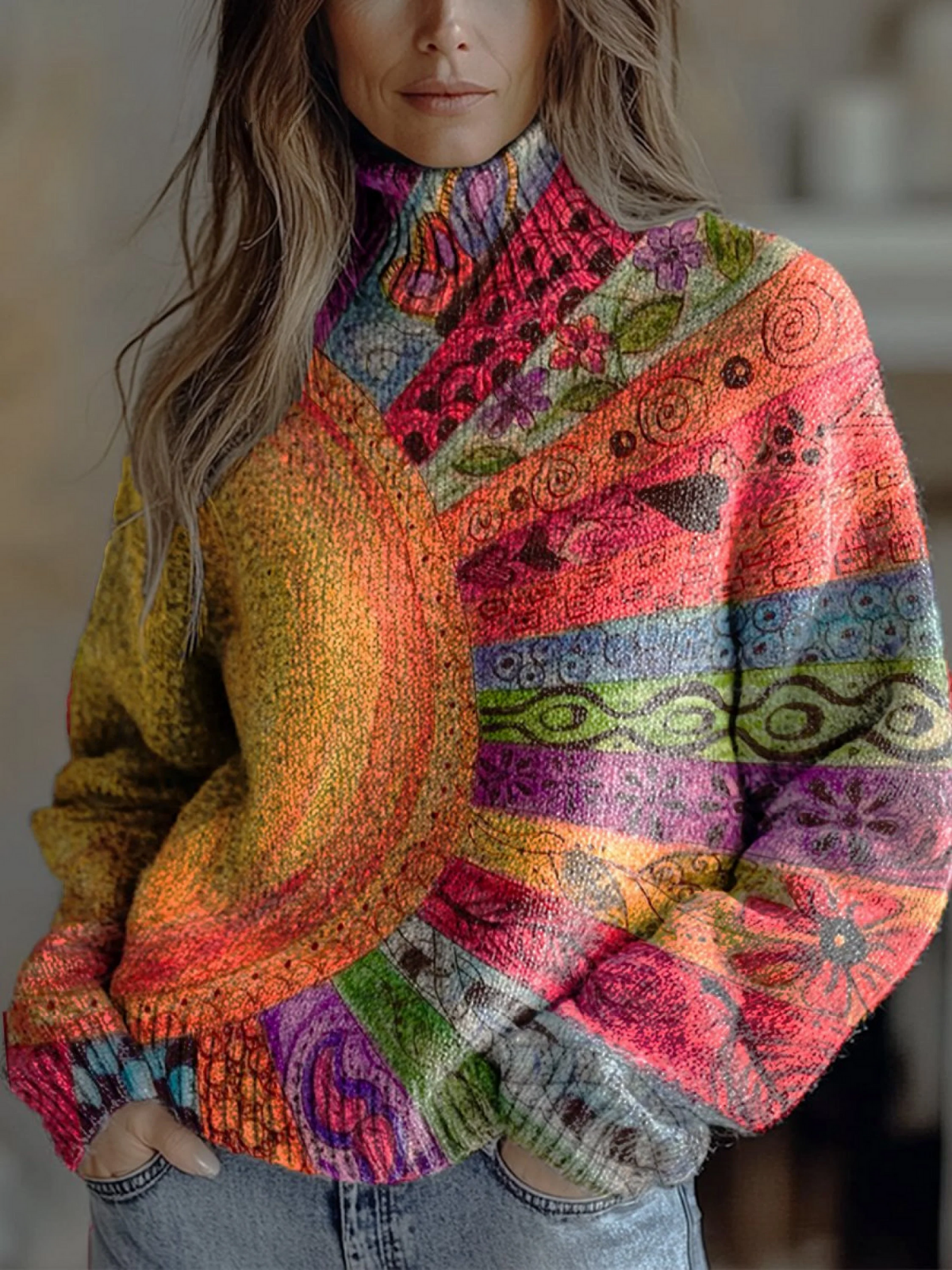 Ariane – sweter z golfem z dzianiny w stylu vintage z wzorem Sunburst-15365232853317-Helena i Kasia Warszawa