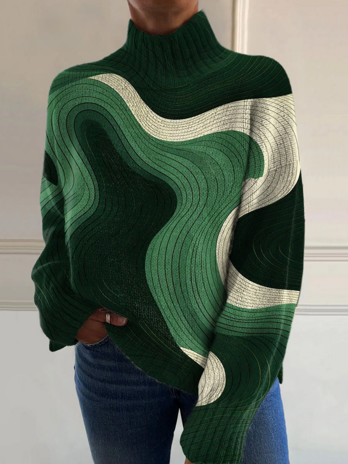 Daria - Vintage Zielony Sweter z Golfem w Stylu Color Block-15365232820549-Helena i Kasia Warszawa