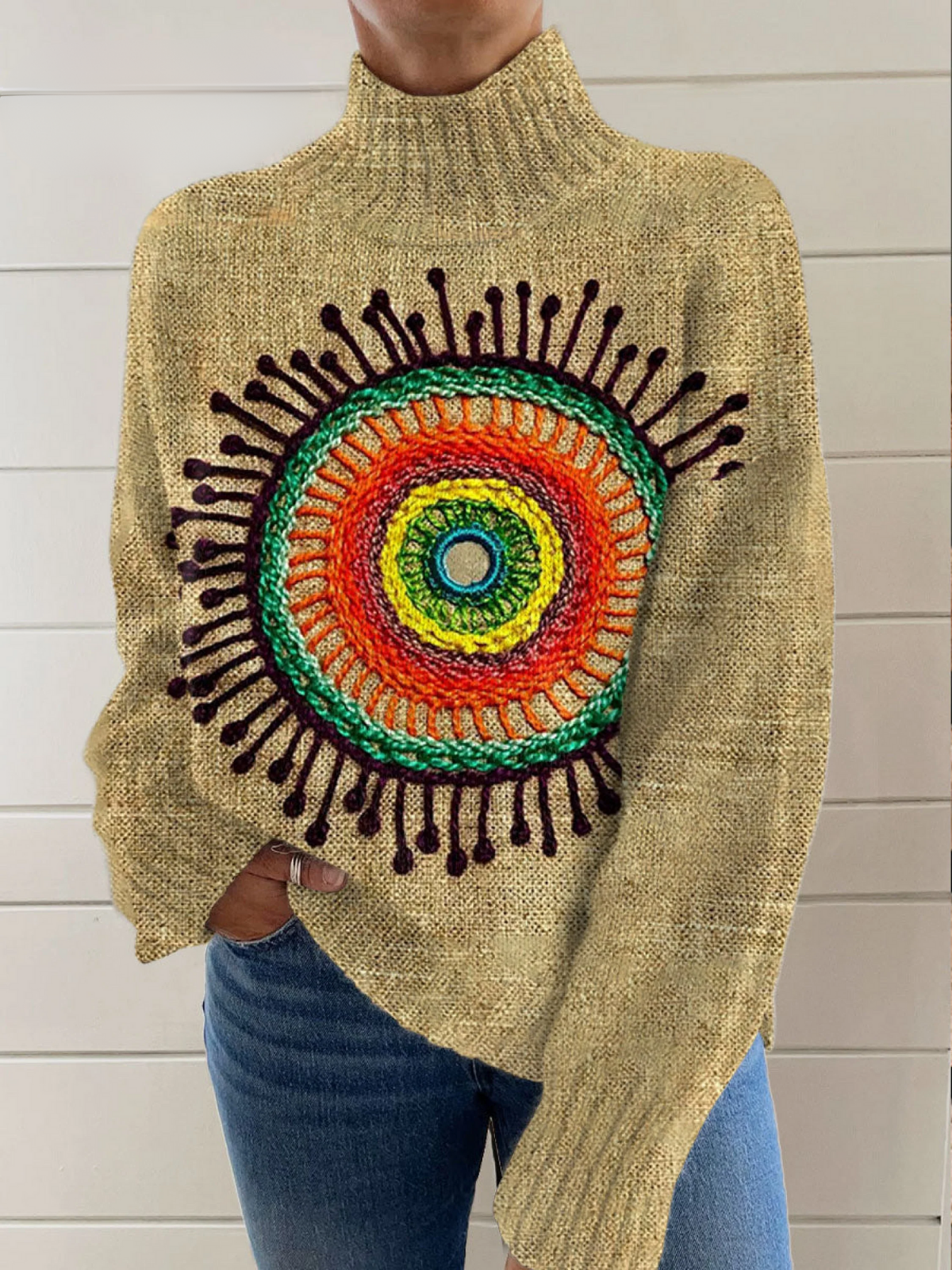 Darlina - Vintage Psychedeliczna Kolaż Słonecznik Retro Hippie Sztuka Wzór Druk Artystyczny Sweter z Golfem-15365233770821-Helena i Kasia Warszawa