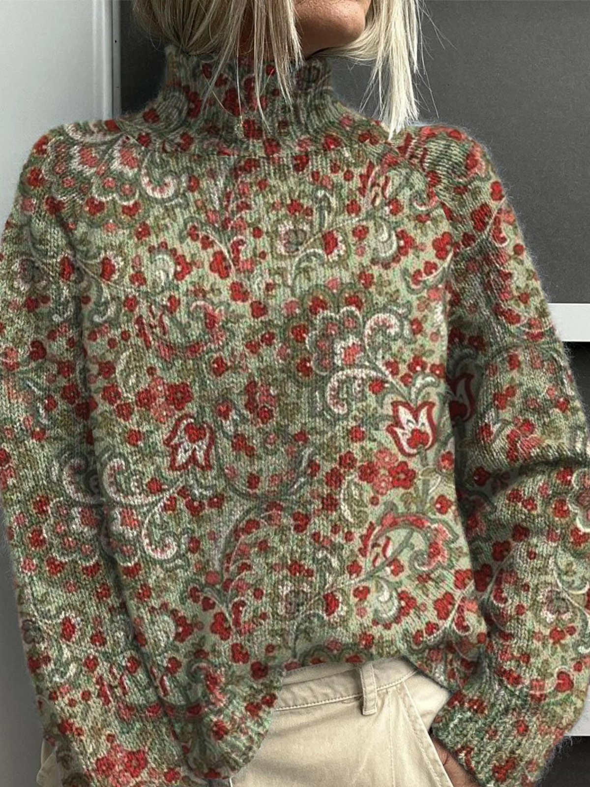 Elena - Retro Kwiatowy Wzór Sweter z Golfem-15365232951621-Helena i Kasia Warszawa