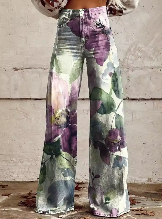 Flora - Spodnie w Akwarelowy Kwiatowy Wzór-15365331321157-Helena i Kasia Warszawa