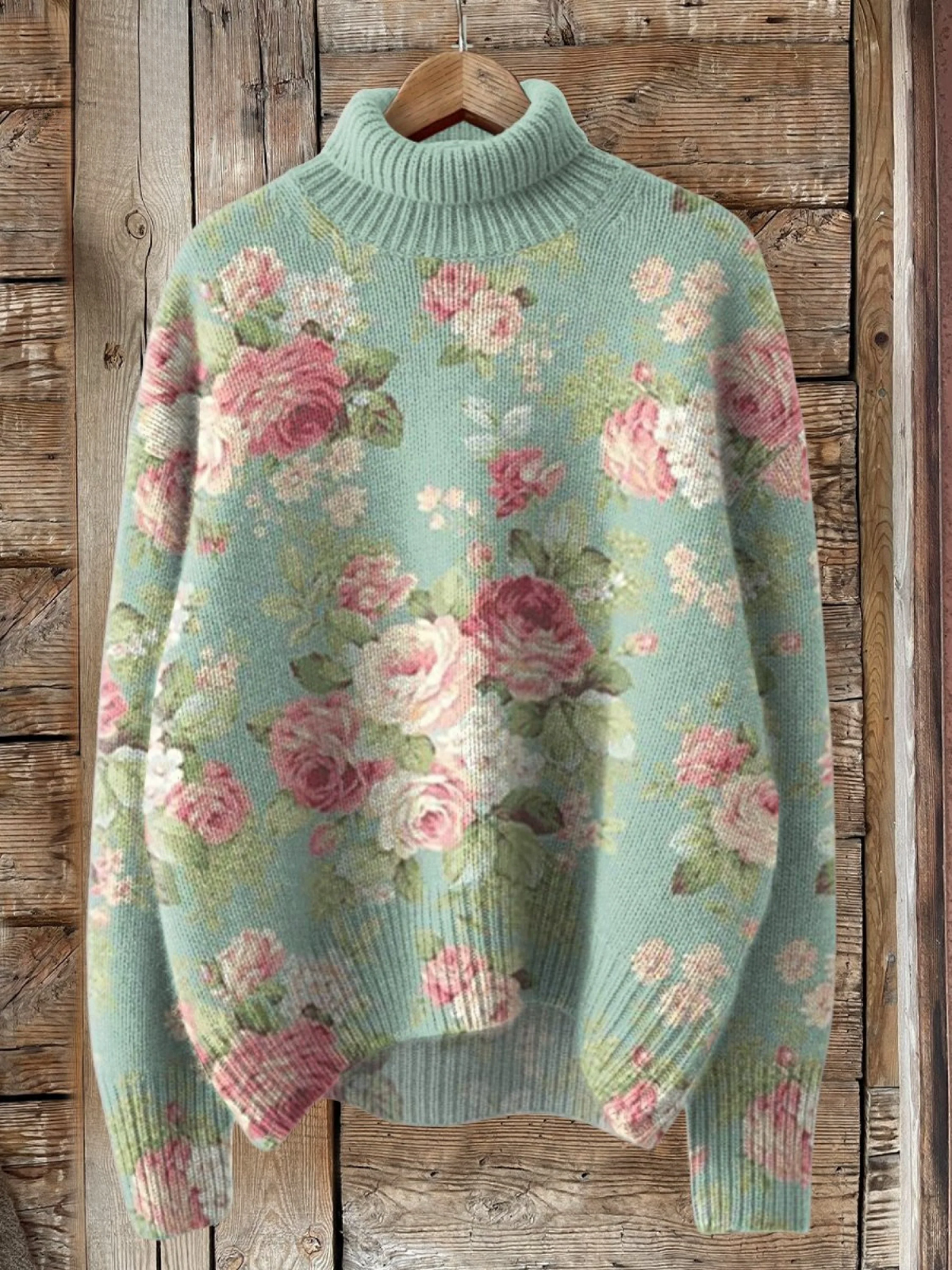 Jasmin - Sweter z wysokim kołnierzem w świeży retro kwiatowy wzór-15365233344837-Helena i Kasia Warszawa