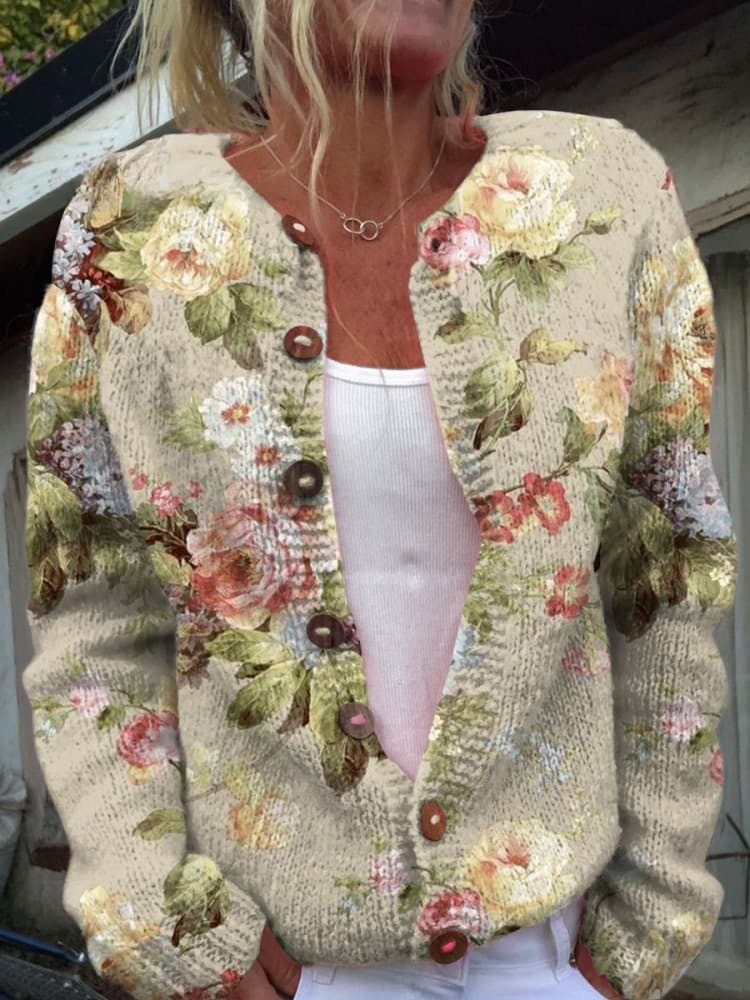 Loraine - Retro Sweter Kardigan z Wzorem Kwiatowym-15365303435589-Helena i Kasia Warszawa