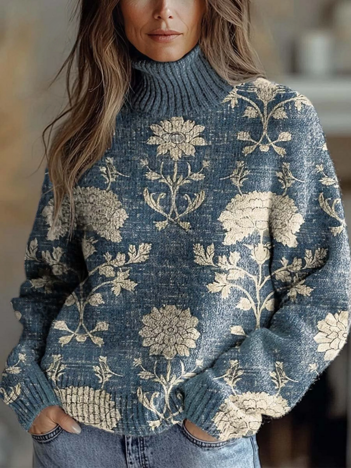 Olivia - Kobiecy Vintage Uroczy Kwiatowy Wzór Sweter z Golfem-15365234491717-Helena i Kasia Warszawa