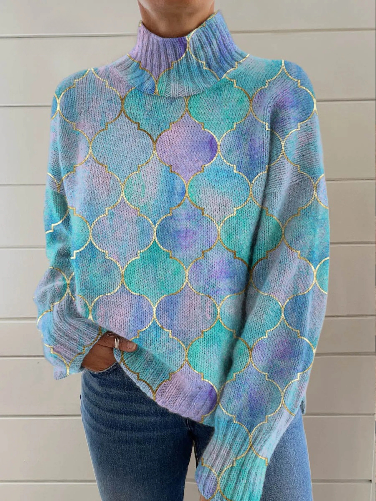 Seren - Abstrakcyjny Geometriczny Wzór Art Print Sweter z Golfem-15365235245381-Helena i Kasia Warszawa