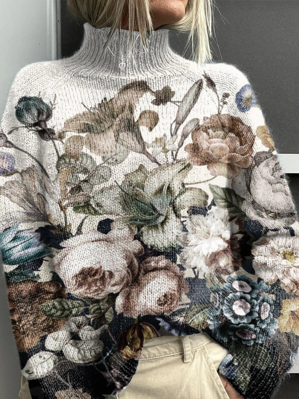 Wenna - Vintage Zniszczony Kwiatowy Druk Sztuki Sweter z Golfem-15365232886085-Helena i Kasia Warszawa