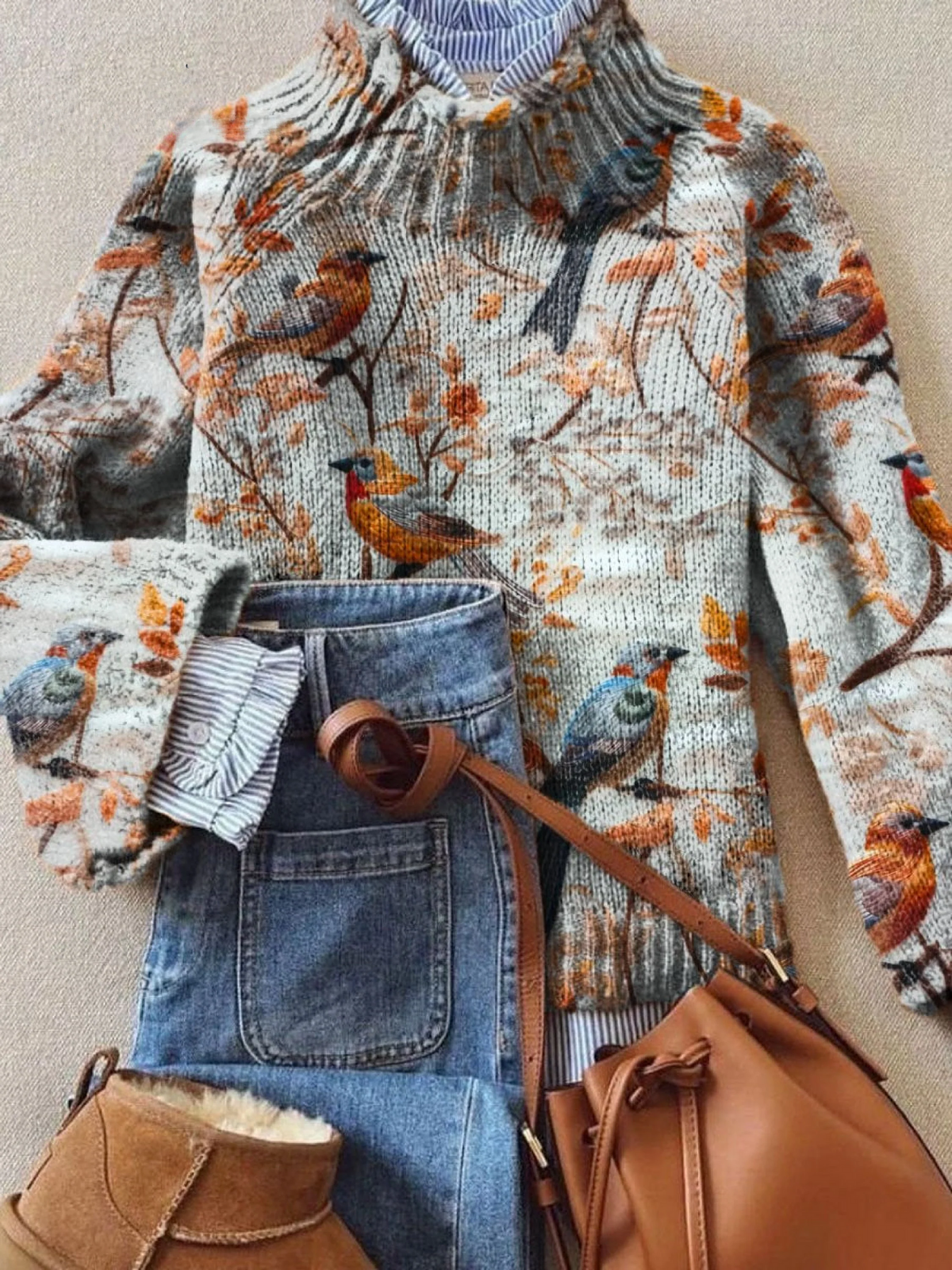 Zephyra - Vintage Uroczy Kwiatowy Print z Ptakiem Sweter z Golfem-15365234753861-Helena i Kasia Warszawa